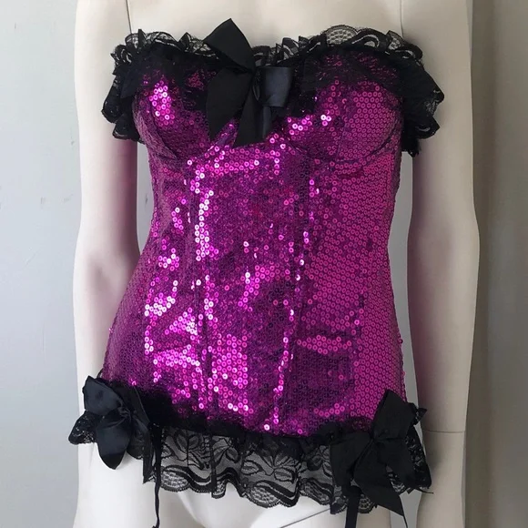 Magenta Sequin Over the Bust Lace Garter Corset - Picture 1 of 4